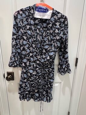 Veronica Beard Black Floral Ruched Mini Dress with Blue and White Flowers